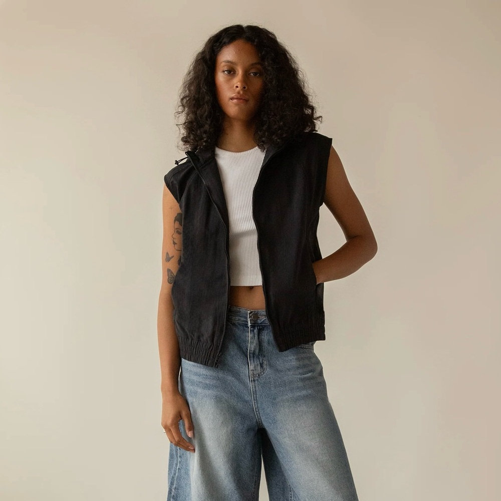 Black hooded nylon vest